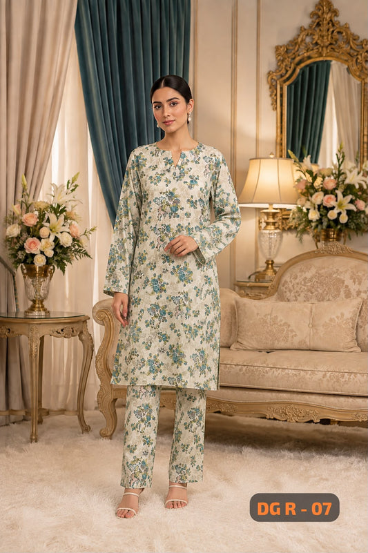 Pakistani Style Printed Pure Cambric Cotton Cord Set Suit DG R-07-08